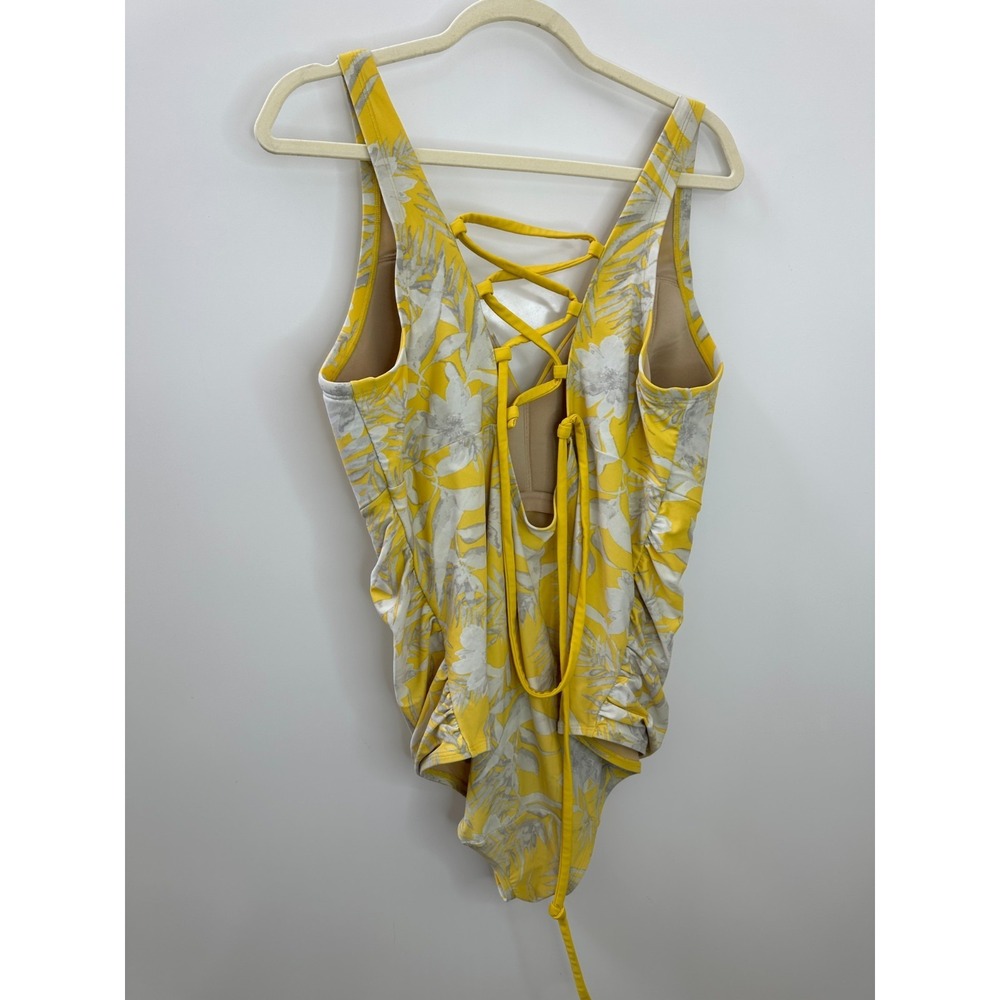 Cacique Swim One Piece Swimsuit Yellow Floral Lace Up Back Ruched Plus Size 20 - Picture 8 of 11